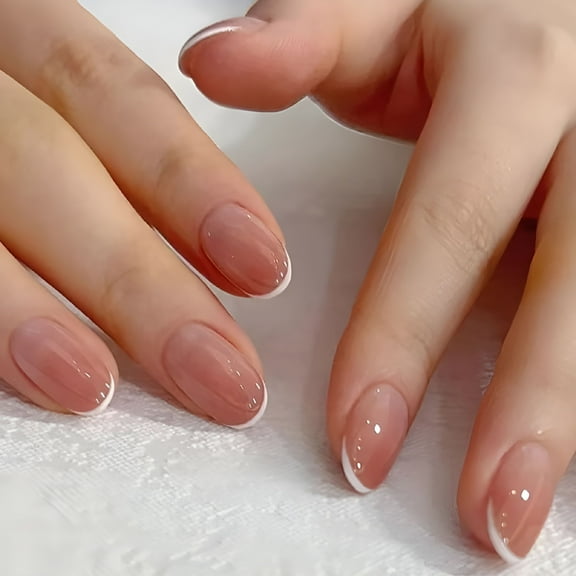 RAGUPEL 24 Pcs Blush Ombre Press on Nails Short Almond - Winter Fall Oval Fake Nails White French Nail Tip Design Full Cover False Nails