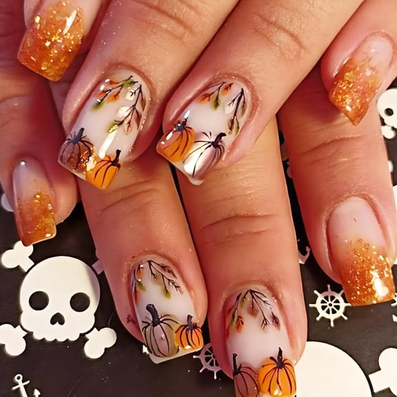 RAGUPEL 24 Pcs Fall Press on Nails Short Square Fake Nails Orange Glitter Full Cover Glue on Nails Glossy Artificial Thanksgiving Nails Pumpkins False Nails Autumn Leaf Stick on Nails for Women DIY
