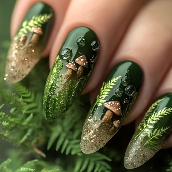 RAGUPEL 24 Pcs Green Glitter Press On Nails Medium Almond Shape Mushroom Leaf Design Gradient Fake Nails Spring Acrylic Manicure