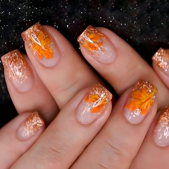 RAGUPEL 24 Pcs Maple Leaf False Nail Glittering Press On Nail Fall Artificial Nail