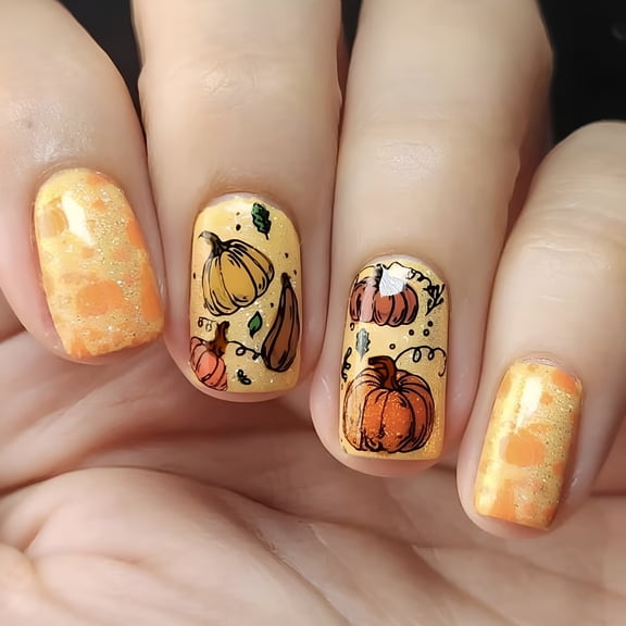 RAGUPEL 24 Pcs/Set Fall False Nails Thanksgiving Nails Press On Nails Pumpkins Artificial Nails Full Cover Stick on Nails