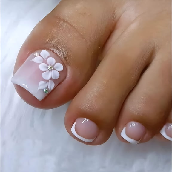 RAGUPEL 24 Pcs Short French Tip Press On Toenails, Rhinestone Flower Acrylic Fake Toe Nails, Big Square False Nails for Women
