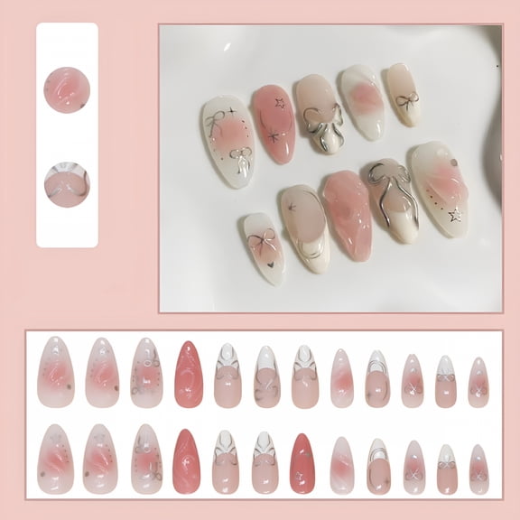 RAGUPEL 24 Pcs Spring Press On Nails Short Almond, Summer French Nail Tips Fake Nails Press ons Acrylic Nail Art Kit 3D Silver Bow Design Glue on Nails Full Cover False Nails for Women
