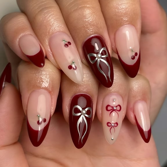 RAGUPEL 24 Pcs Wine Red Press on Nails Short Almond French Tip - Fake Nails Press ons Nail Art Tips Glue on Nails Full Cover Acrylic False Nails with Bow Design Stick on Nails for Women