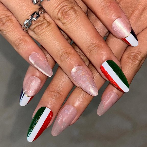 RAGUPEL 24 Pcs World Cup Mexico Press on Nails-Cat Eye | Medium Almond Fake Nails Press Ons with Gold Pattern&French Tip Designs Reusable Glue on Nail Kit with Adhesive Tabs