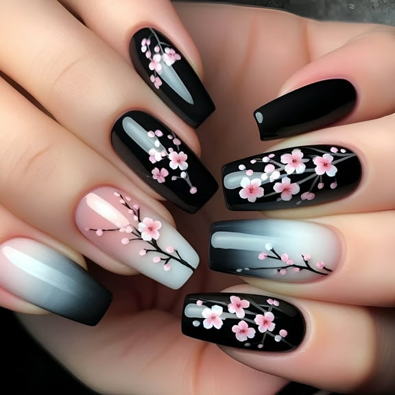 RAGUPEL 24 Pieces Fall Flower Press on Nails Coffin False Nails Glossy Acrylic Nails Winter Stick on Nails for Women Girls