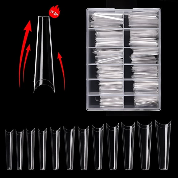 RAGUPEL 240 Pcs C-Curved Long Coffin Nail Tips, Transparent