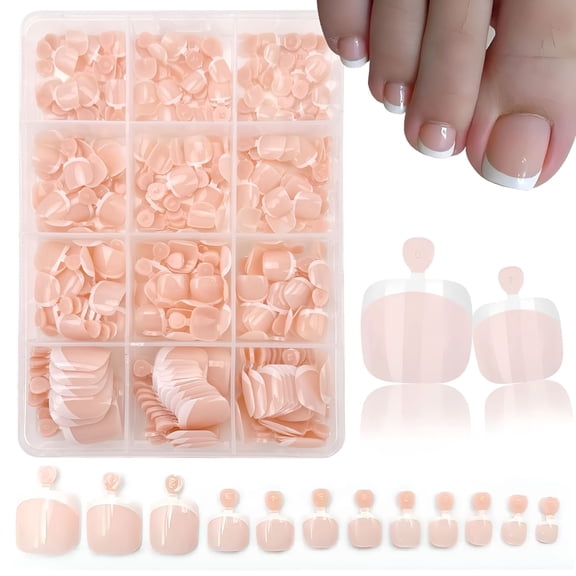RAGUPEL 240 White French Tip Press on Toenails Short Square Fake Toe Nails Press Ons with Design Stick on Toe Nails Reusable Acrylic False Toenails Artificial Glue on Toenails