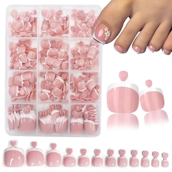 RAGUPEL 240 White French Tip Press on Toenails Short Square Fake Toe Nails Press Ons with Design Stick on Toe Nails Reusable Acrylic False Toenails Artificial Glue on Toenails