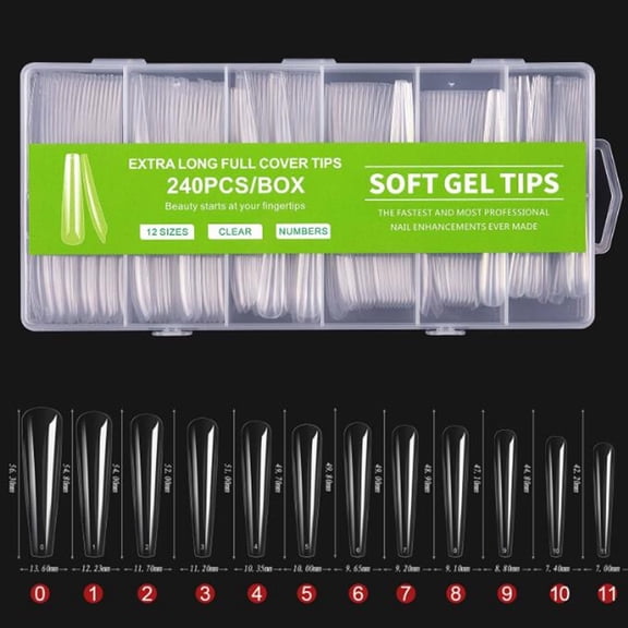 RAGUPEL 240Pcs Extra Long Clear Soft Gel Nail Tips, Full Cover Xxl Fake Nails, 12 Sizes Pre-Numbered Nail Extensions for Women
