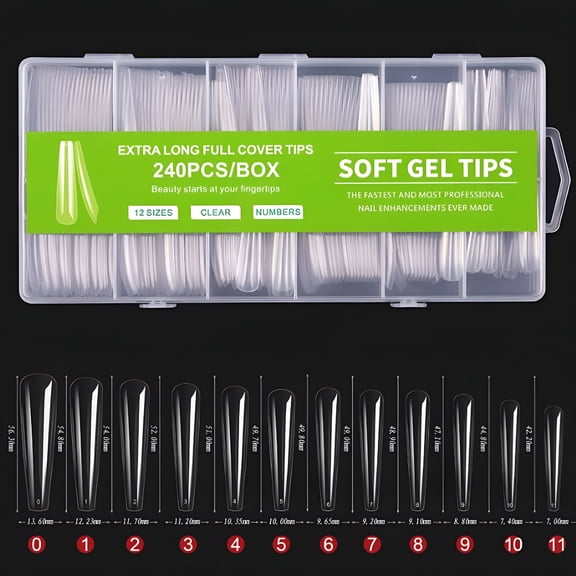 RAGUPEL 240Pcs Super Long False Nails Kit-12 Sizes Clear Acrylic Tips with Anti Overflow Design for Women Girls Water Pipe Nail Art Glue on