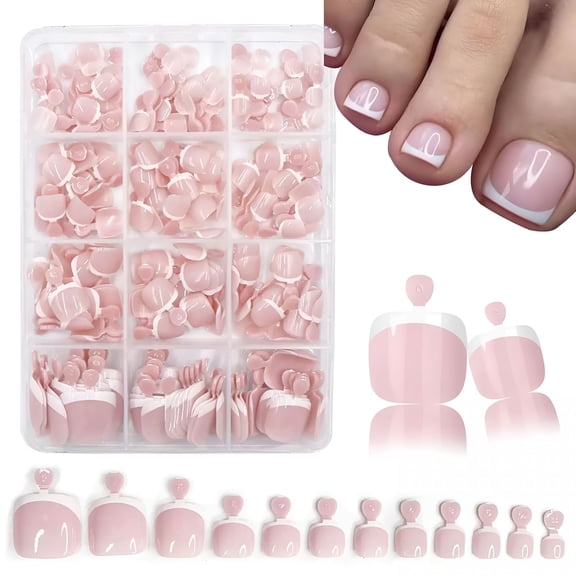 RAGUPEL 240Pcs White French Tip Press on Toenails Short Square Fake Toe Nails Press Ons with Design Stick on Toe Nails Reusable Acrylic False Toenails Artificial Glue on Toenails for Women