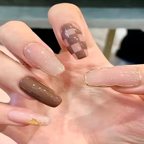 RAGUPEL 24PCS Nude Acrylic Press on Nails, Medium Length, Coffin Shape, Glue on Nails for Women, False Nails with Designs, Durable Nail Tips Manicure Set