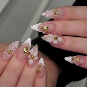 RAGUPEL 24Pcs 3D Almond Press on Nails Medium White French Tip Fake Nails Gold Beads Shell Starfish Rhinestones Design Flower Glue on Nails Spring False Nails Handmade Acrylic Nails for Women