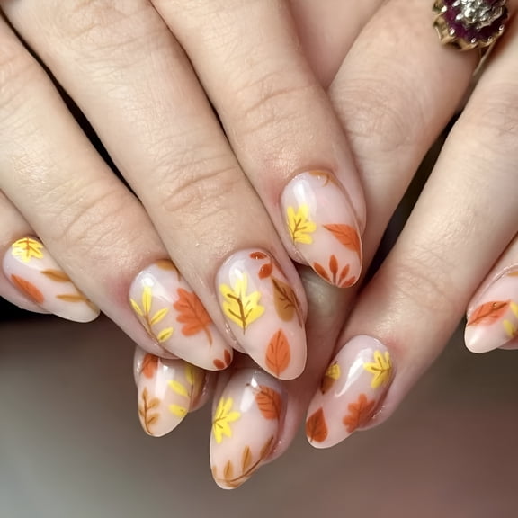 RAGUPEL 24Pcs Almond Press on Nails with Maple Leaves Thanksgiving Fall Nails Designs for a Quick Manicure Fall Nails Press on