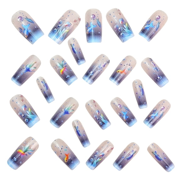 RAGUPEL 24Pcs Blue Coffin Press on Nails Long Fake Nails with Glue Summer Ocean False Nails with Gold Fish Sea Grass Design Acrylic Nails Press Ons Reusable Full Cover Stick on Nail for Women