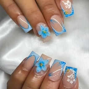 RAGUPEL 24Pcs Blue Flower Press on Nails Short Square French Tip Fake Nails with Gold Rhinestones Flower Core Design Spring Summer False Nails Cute Stick on Nails Full Cover Artificial Glue on Nail