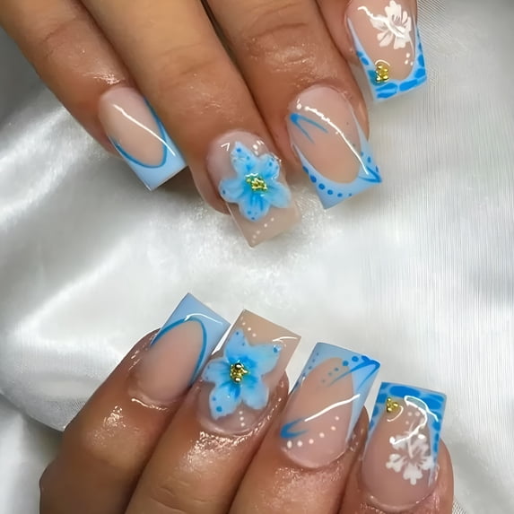 RAGUPEL 24Pcs Blue Flower Press on Nails Short Square French Tip Fake Nails with Gold Rhinestones Flower Core Design Spring Summer False Nails Cute Stick on Nails Full Cover Artificial Glue on Nail