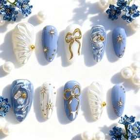 RAGUPEL 24Pcs Blue Press on Nails Medium Almond Fake Nails 3D Gold Beads Rhinestone Charms Design Bow Star False Nails French Nails Water Ripples Stick on Nail Full Cover