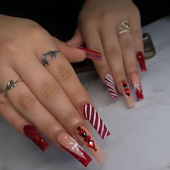 RAGUPEL 24Pcs Christmas Long Coffin False Nails,Press-On Nails with Rhinestones Glitter Design,Xmas Decor for Women