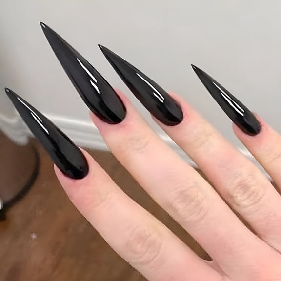 RAGUPEL 24Pcs Extra Long Stiletto Press on Nails Pure Black Almond Shape Full Cover False Nails with Adhesive Tabs for Women Girls Party Salon Home Use