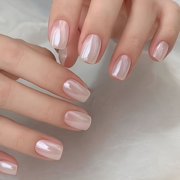 RAGUPEL 24Pcs Extra Short Squoval Press On Nails, White Pearl Glazed Donut Chrome Gel, Handmade Acrylic Fake Nails Kit