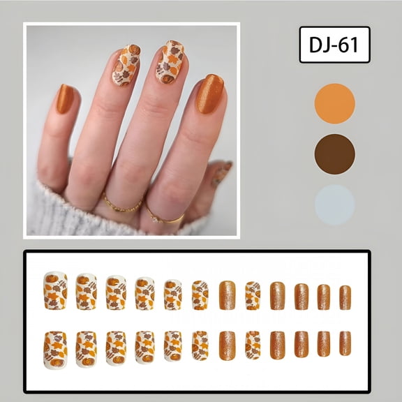 RAGUPEL 24Pcs Fall Press on Nails Short Square Maple Leaf Pumpkins Fake Nails Autumn Gold Glitter Stick on Nails with Leaves Design Artificial Thanksgiving False Nails Glossy Glue on Nails