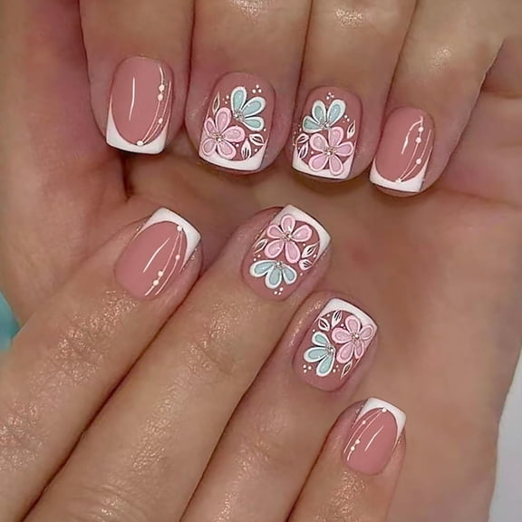 RAGUPEL 24Pcs Flower Press on Nails Short Square Fake Nails with Pink Green Flower Design White French Tip False Nails Spring Summer Artificial Stick on Nails Full Cover Glossy Glue on Nail