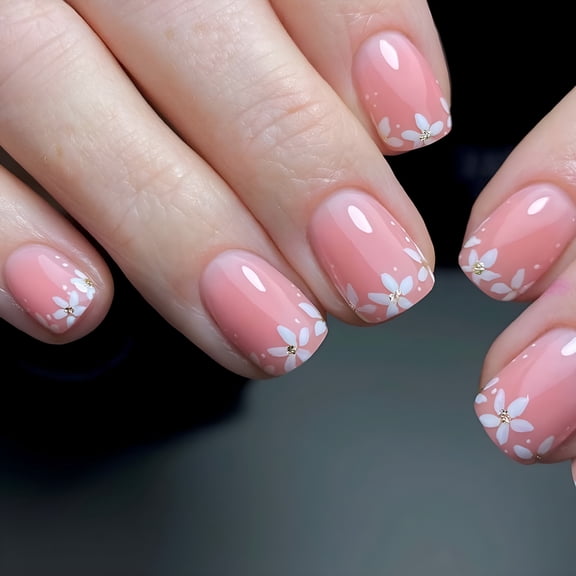 RAGUPEL 24Pcs French Tip Press on Nails,Medium Square Fake Nails Pink Flowers False Nails Spring Sakura Floral Acrylic Nails Reusable Gradient Artificial Nails Glue on Nails for Women Manicure