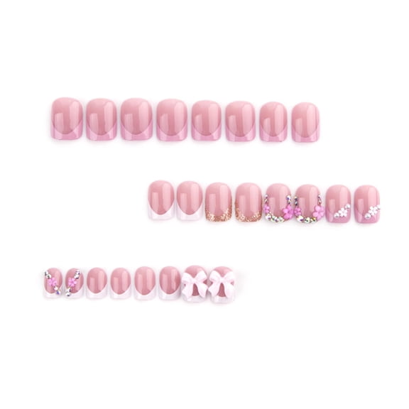 RAGUPEL 24Pcs French Tip Press on Nails Short Square Fake Nails with Charms Bow Flower Design Pink French Nails Press Ons Cute Acrylic Nails Stick on Nails Rhinestones Glue on Nails for Women Girls