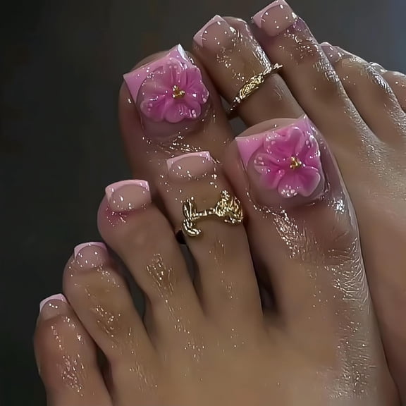 RAGUPEL 24Pcs French Tip Press on Toenails Short Square Fake Toe Nails Pink Flower False Toenails 3D Floral Toe Press on Nails with Gold Beads Beach Flower Design Acrylic Toenail Summer Toenail