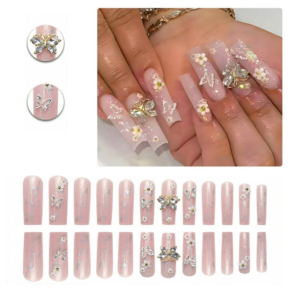 RAGUPEL 24Pcs Glue on Nails for Women,3D Butterfly and Flower Pattern Square Nails,Silver Sequins False Nails,Long Press on Nails for Photography,Red Carpet and Stage,Style3