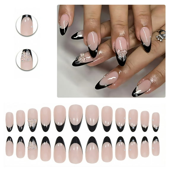 RAGUPEL 24Pcs Glue on Nails for Women,Black French Press on Nails,3D Bow Almond Shaped Press on Nails,Fake Nails with Designs for Dates and Gatherings,Style2