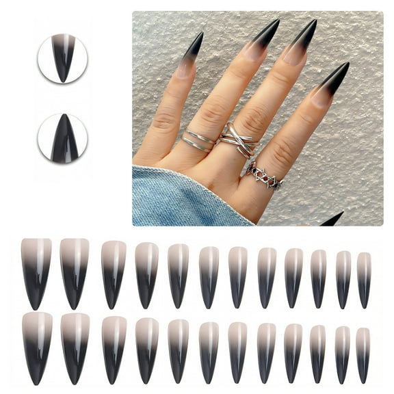 RAGUPEL 24Pcs Glue on Nails for Women,Black and Gray Gradient Stiletto Press on Nails,Glossy Design Stick on Nails for Women,Best Press on Nails for Party,Daily Life,Taking Pictures,Dating,Style1