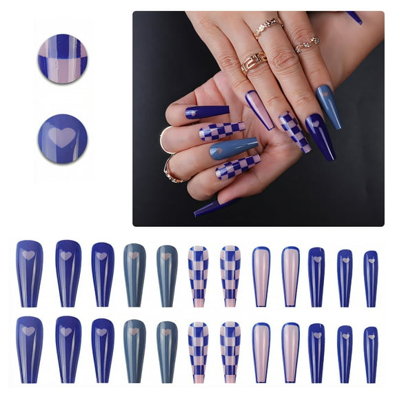 RAGUPEL 24Pcs Glue on Nails for Women,Checkerboard Coffin Nails Tips,Glossy Nails Press On,Nail Press Ons Suitable for Parties,Gatherings and Photo Shoots,Style2