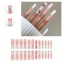 RAGUPEL 24Pcs Glue on Nails for Women,Cherry Bow Press on French Tip Nails,Matte Long Nails,Nail Tips Square for Photography,Red Carpet and Stage,Style1