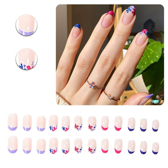 RAGUPEL 24Pcs Glue on Nails for Women,Colorful Flowers Almond Nails,Glossy Finish Press on Nails Long,Press on Nail for Daily Life,Dating and Gatherings,Style1