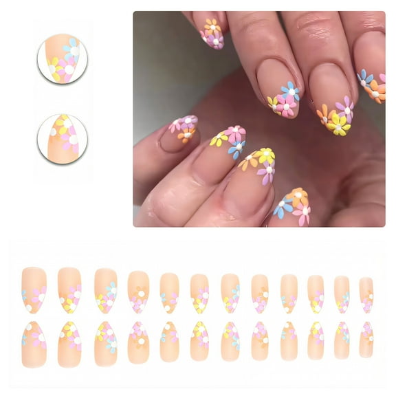 RAGUPEL 24Pcs Glue on Nails for Women,Colorful Flowers Nail Tips Almond Shape,Glossy Design Fake Nails,Nail Press Ons for Daily Life,Dating and Gatherings,Style1