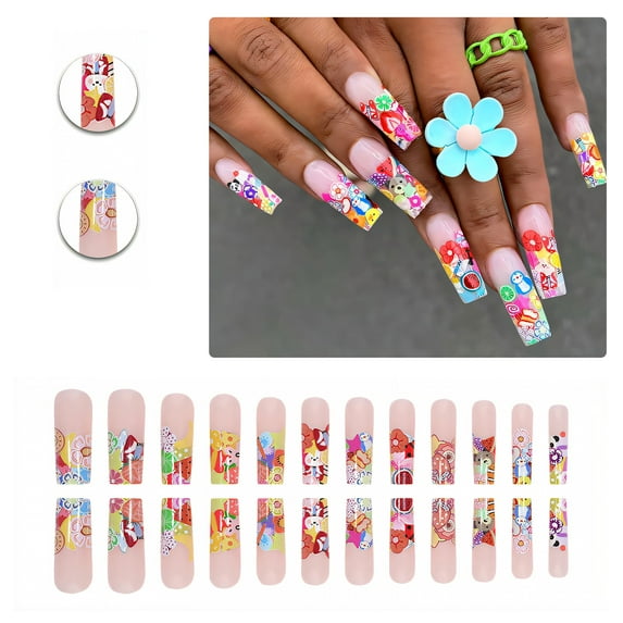 RAGUPEL 24Pcs Glue on Nails for Women,Colorful Patterns Press on Nails Square,Bright Surface Fake Nails with Designs,Press on Nails Long for Photography,Red Carpet and Stage,Style1