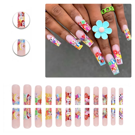 RAGUPEL 24Pcs Glue on Nails for Women,Colorful Patterns Press on Nails Square,Bright Surface Fake Nails with Designs,Press on Nails Long for Photography,Red Carpet and Stage,Style1