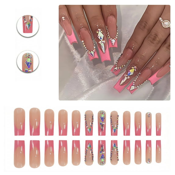 RAGUPEL 24Pcs Glue on Nails for Women,Crystal Embellished Square Nails,Glossy Long Press on Nails,Cute Press on Nails for Party,Daily Life,Taking Pictures,Dating,Style1