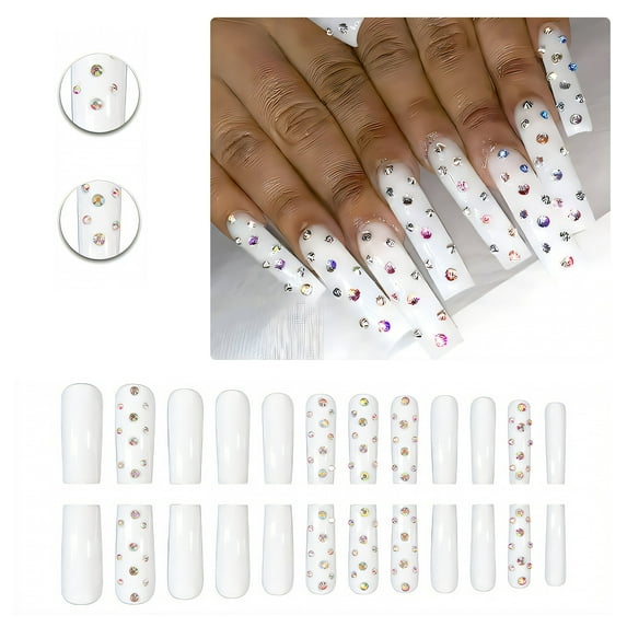 RAGUPEL 24Pcs Glue on Nails for Women,Crystal Embellished Square Nail Tips,Minimalist Fake Nails,Long Nails for Dating,Party,Taking Pictures,Daily Life,Style1