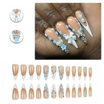 RAGUPEL 24Pcs Glue on Nails for Women,Crystal Embellished Stiletto Press on Nails,3D Pattern Presson Nails for Women,Full Cover Nail Tips for Daily Life,Dating,Party,Taking Pictures,Style1