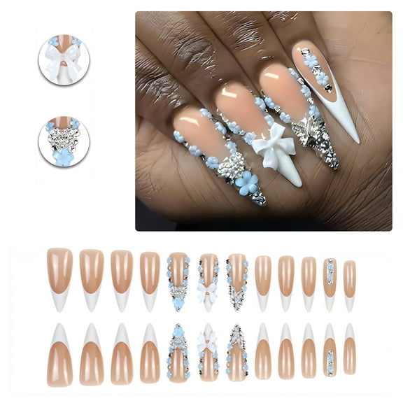 RAGUPEL 24Pcs Glue on Nails for Women,Crystal Embellished Stiletto Press on Nails,3D Pattern Presson Nails for Women,Full Cover Nail Tips for Daily Life,Dating,Party,Taking Pictures,Style1