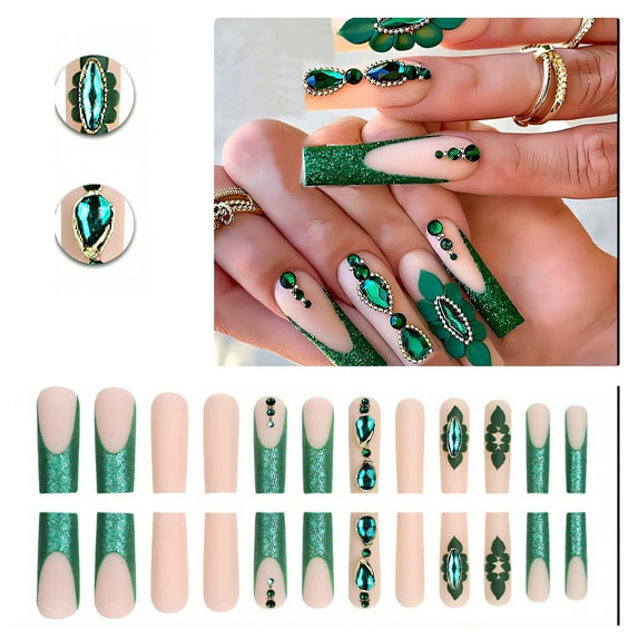 RAGUPEL 24Pcs Glue on Nails for Women,Diamond-Accented Press on Nails Square,Green Sequins Press on Nails Summer,Press on Nails Long for Daily Life,Gatherings and Photo Shoots,Style2