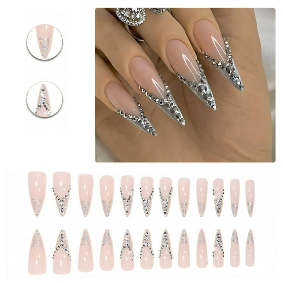 RAGUPEL 24Pcs Glue on Nails for Women,Diamond-Accented Stiletto Press on Nails,Fresh and Elegant Cute Nails,Fake Nails with Designs for Dating,Party,Taking Pictures,Daily Life,Style3