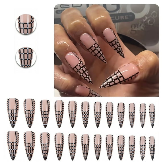 RAGUPEL 24Pcs Glue on Nails for Women,Diamond-Accented Stiletto Press on Nails,Hand-Drawn Lines False Nails,Press on Nails Summer for Parties,Gatherings and Photo Shoots,Style2