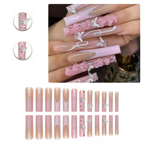 RAGUPEL 24Pcs Glue on Nails for Women,Diamond French Nails,3D Butterfly Pattern Square Nail Tips,Long Nails for Photography,Stage and Red Carpet,Style2
