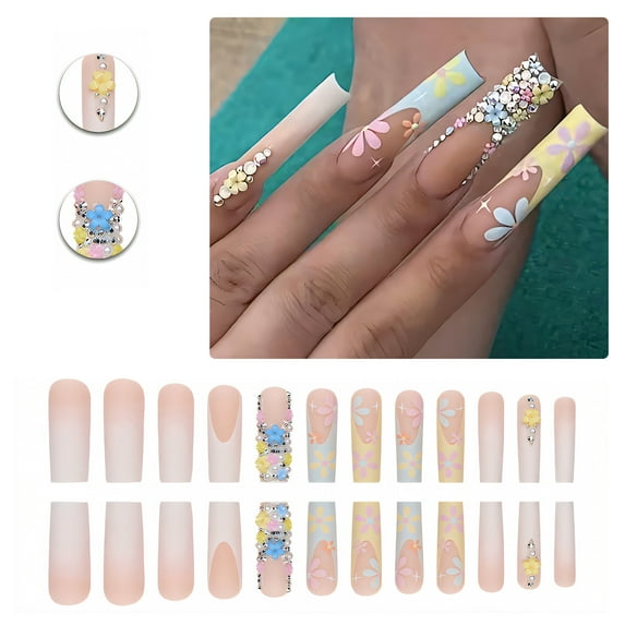RAGUPEL 24Pcs Glue on Nails for Women,Diamond French Press on Nails,3D Flowers Long Nails,Square Press on Nails for Photography,Red Carpet and Stage,Style3