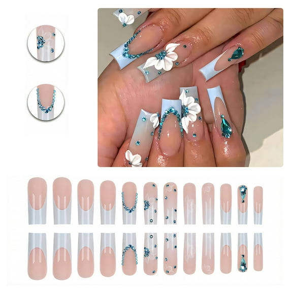 RAGUPEL 24Pcs Glue on Nails for Women,Diamond French Press on Nails,White Flower Pattern Long Press on Nails,Square Nail Tips for Photography,Red Carpet and Stage,Style1